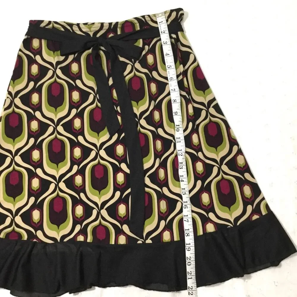 Paper Doll Retro Boho Psychedelic Geometric Pattern Ruffled Hem Belted Skirt Sm